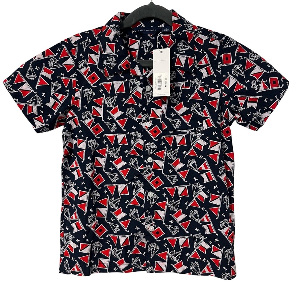 NWT Janie and Jack Boys Nautical Button Down Shirt Navy Red Size 6